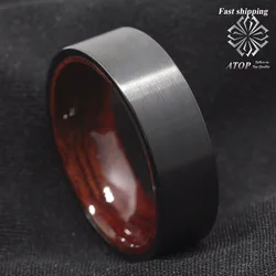8mm Black Brushed Tungsten Red Sandal Wood Inlay Wedding Band Ring Men's Jewelry Free Shipping
