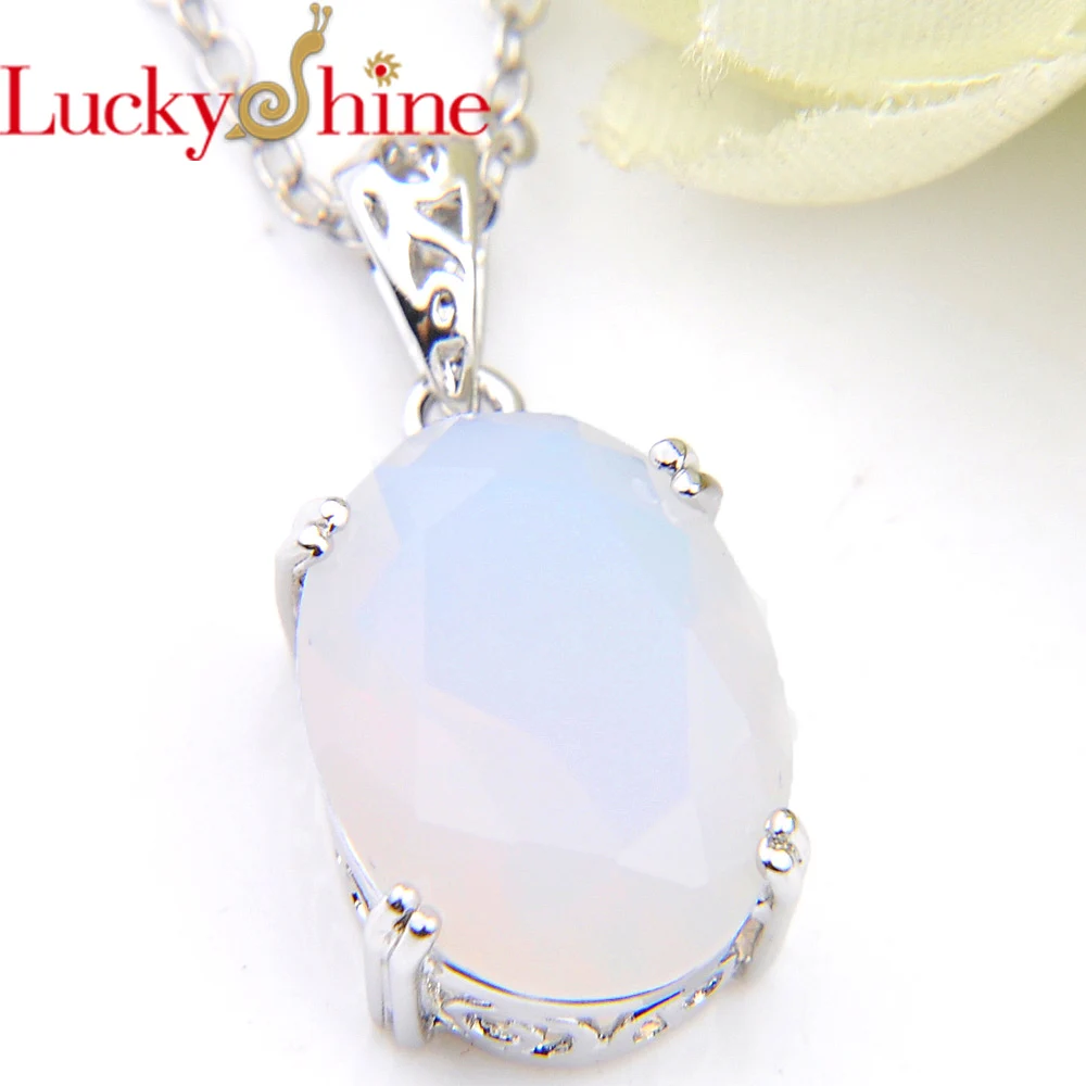 Luckyshine 16x12mm Oval Rainbow Moonstone Gemstone Silver Pendant Necklaces