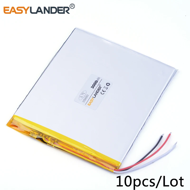 

10pcs /Lot 3.7v lithium Li ion polymer rechargeable battery 3-wire 359093 3000mah tablet pc power bank cell phone pipo