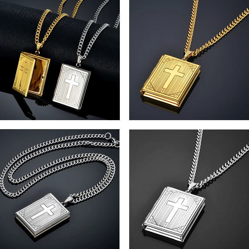Jesus Cross Necklace Jewelry For Men Women Gold-Color Steel Chain Male Photo Locket Style Jesus Crucifix Pendant Necklace XL787 image 6