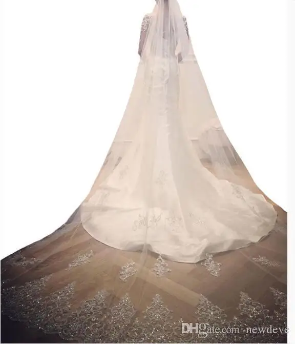 2019 Designed Wedding Veils Cathedral Length Bridal Veils Lace Edge Appliqued One Layers Customized Bridal Veil With Free Comb