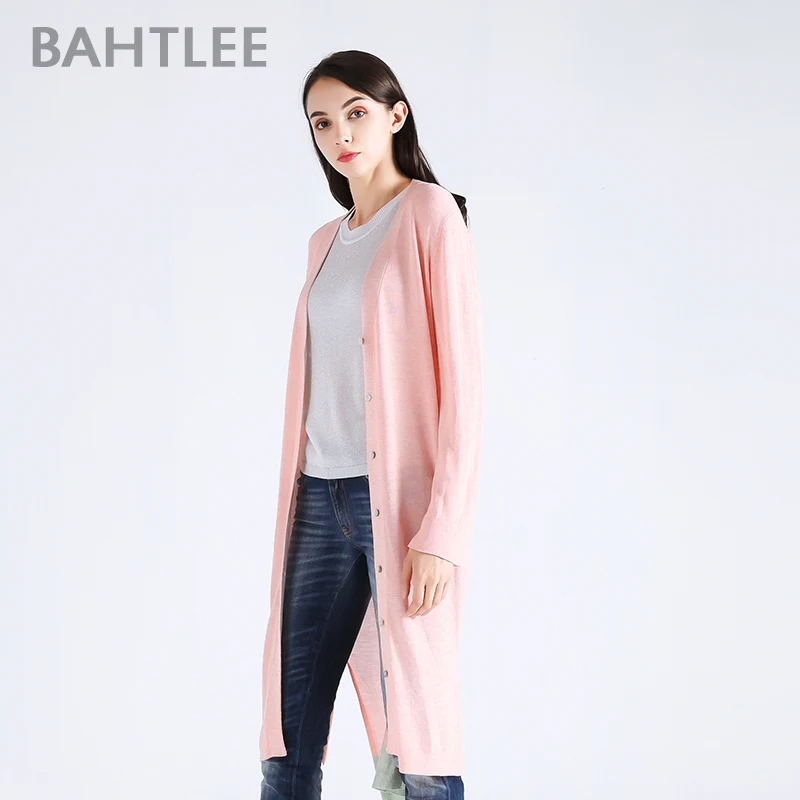 BAHTLEE-Women's Lyocell Knitted Long Cardigan, Sweater, Anti-Ultraviolet, V-Neck, Long Sleeves, Wool, Thinlight Button, Spring