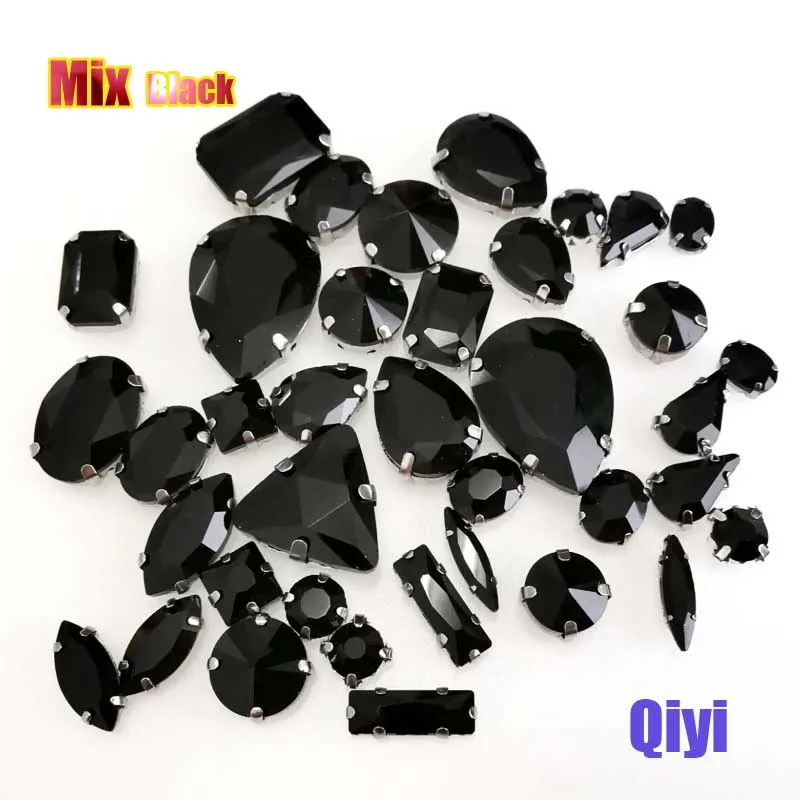 Sell at a loss! 50pcs/bag high quality mixed shape faltback sew on black glass crystal rhinestones diy clothing accessories