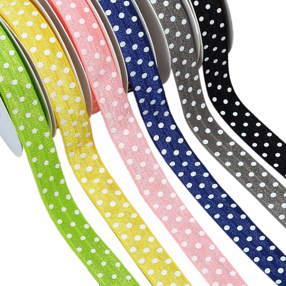 

5/8" White ink polka dots FOE fold over elastic for DIY ties garment cloth accessories welcome custom