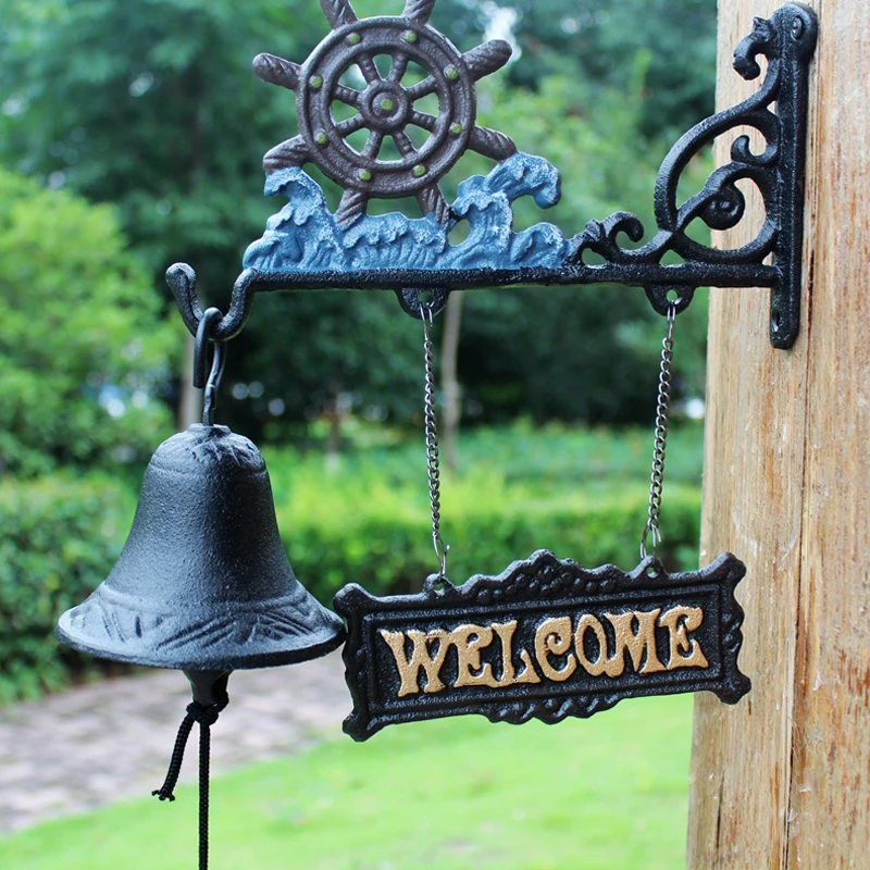 Beach Blue Paint Rudder Cast Iron Wall Bell With Gold Welcome Signs Plaques Home Garden Decor Handing Cranking Welcome Door Bell