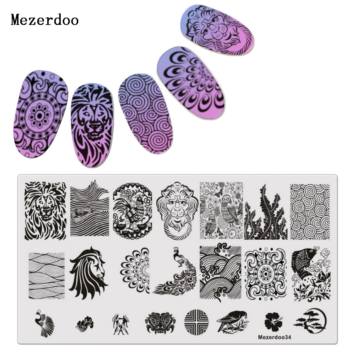 1Pc Animal Stamping Template Panda Peacock Lion Rectangle Nail Art Image Plate Manicure Nail Stamp Plates Mezerdoo34