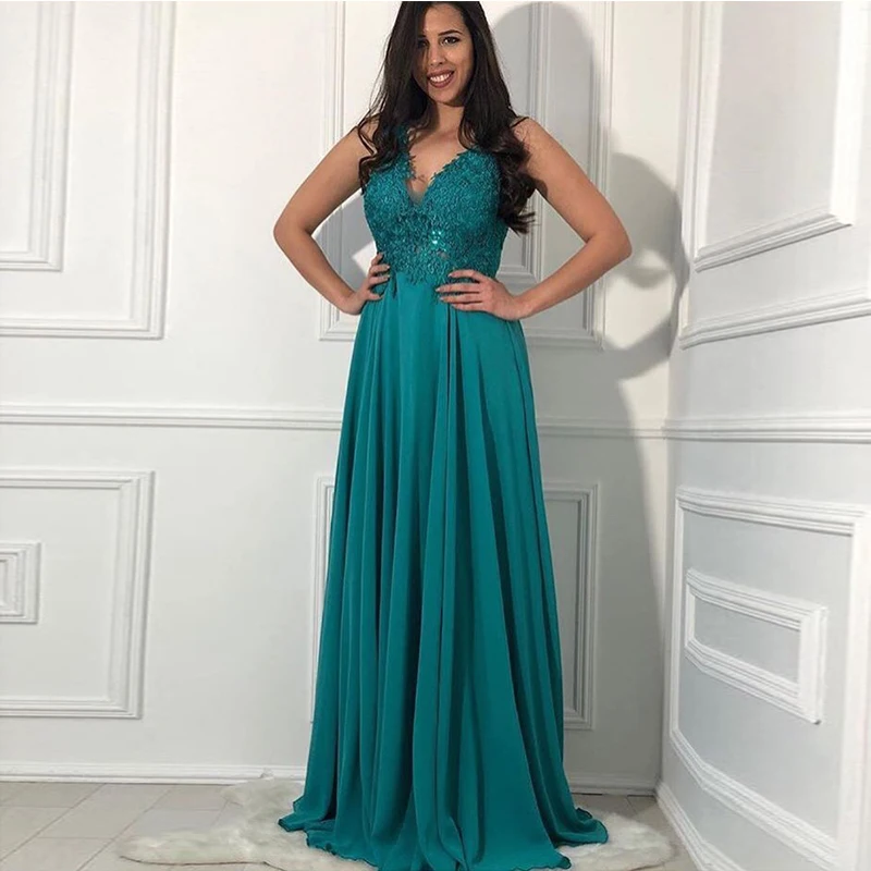 Robe De soirée Turquoise, col en v, sans manches, longue Robe De bal, ligne a, pour femmes