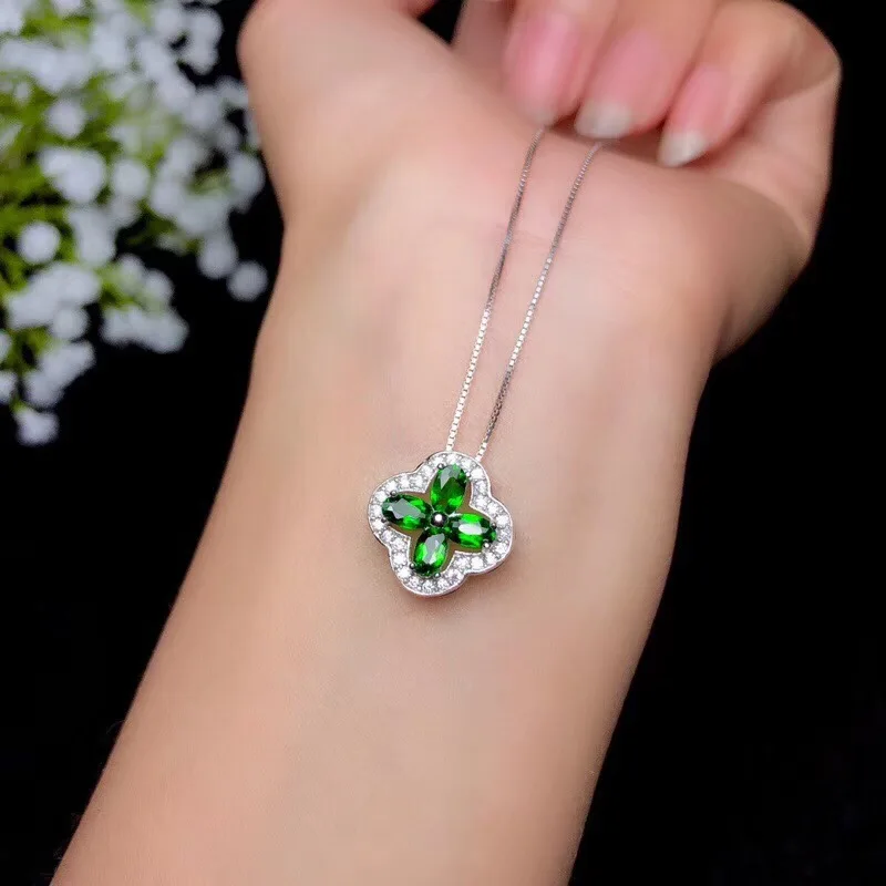 Natural diopside necklace, classic clover style, 925 Sterling silver, simple and beautiful