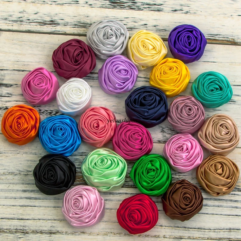 50pcs/lot 5cm 20colors Hair Clips Handmade Rolled Soft Satin Rose Flowers Artifcial Solid DIY Fabric Flowers For Girls Headbands