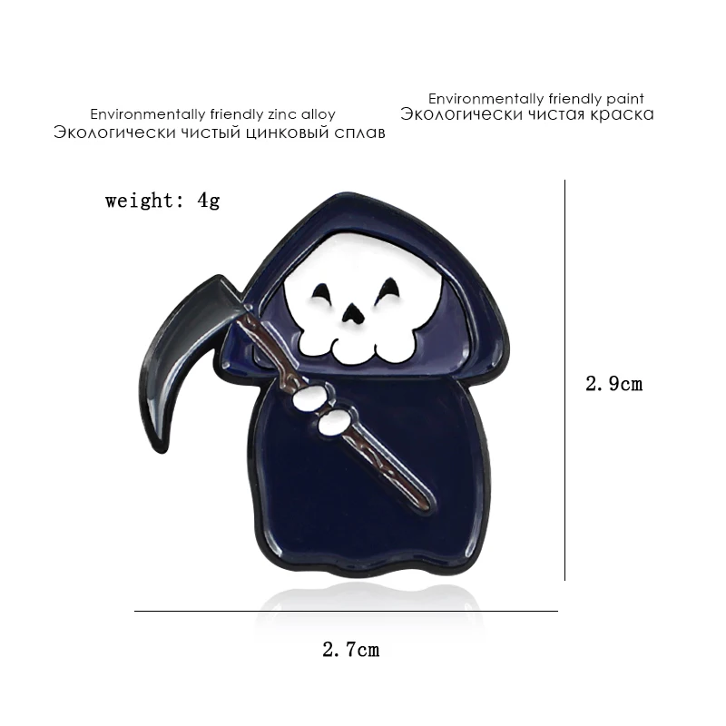 Cartoon Sickle Death Skeleton Pin Brooch Black Cloak Death Skull  Button Enamel for Women Men Hat Bag Clothes Lapel Pin Brosche