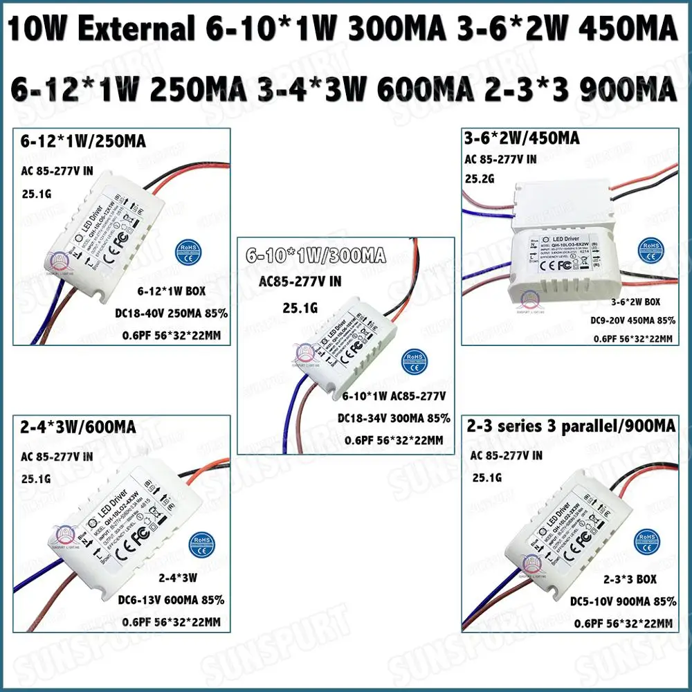 5-100Pieces Inside External IP67 10W AC85-277V LED Driver 6-10*1w 3-6*2w 3-4*3w 2-3*3 6-12*1w DC5-40V 250-900MA Constant Current