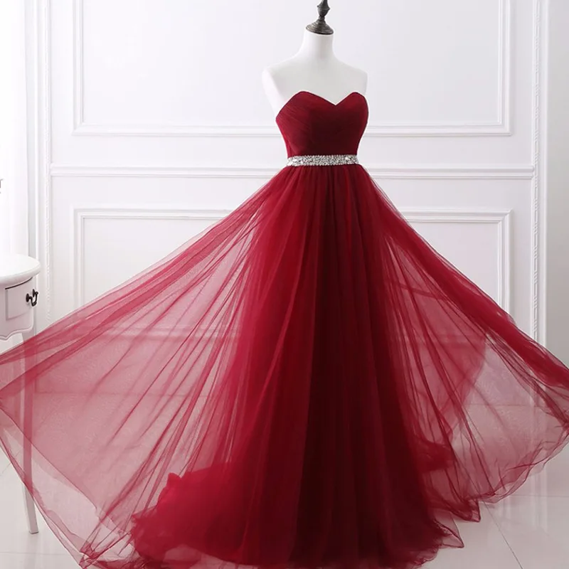 New Sweetheart Burgundy Long Evening Dresses 2021 Tulle Beaded Belt  Long Prom Party Gown Wedding Party GownsVestidos para festa