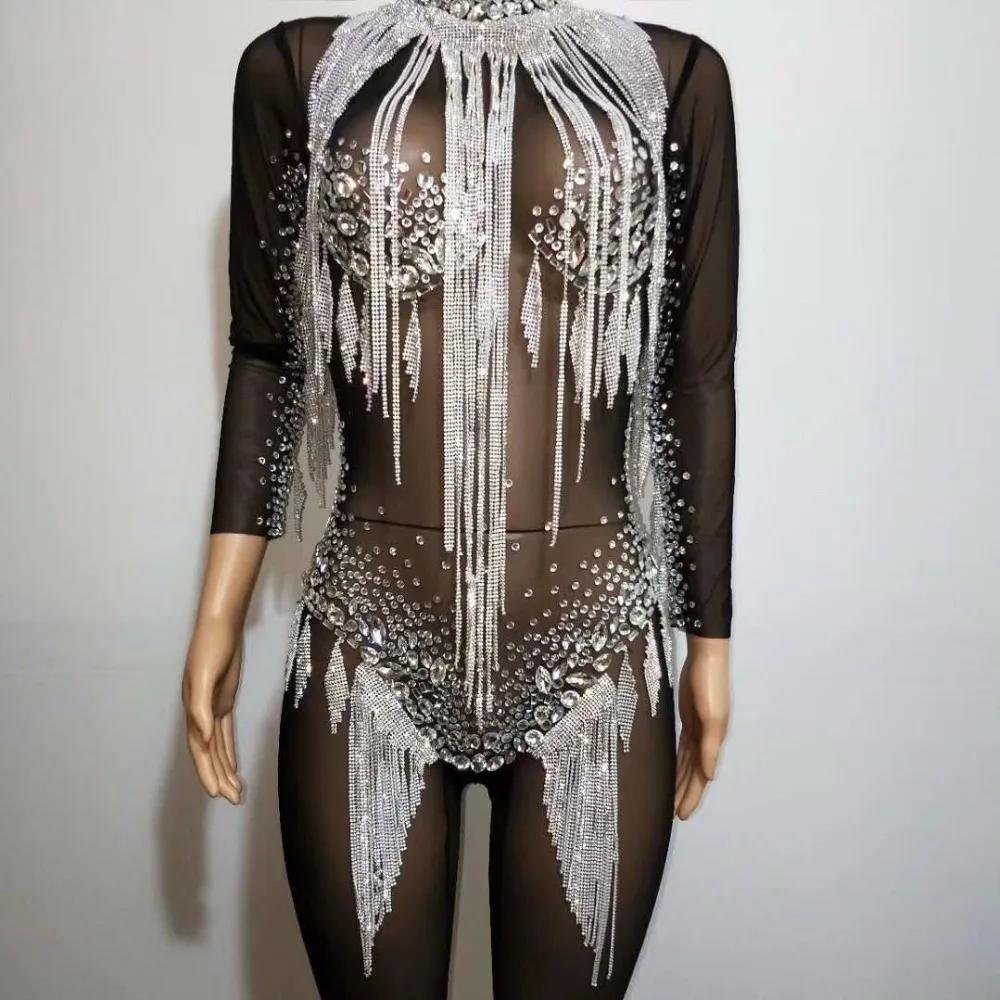 คริสตัลสีดำตาข่าย Jumpsuit Bright Silver Rhinestones พู่บอดี้ฉลองหรูหราเครื่องแต่งกายดูผ่าน Jumpsuit