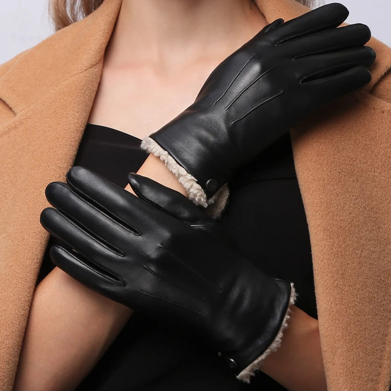 Genuine Leather Gloves Female New Winter Lamb Cashmere Sheepskin Woman Gloves Short Style Plus Velvet Thicken Keep Warm NW181