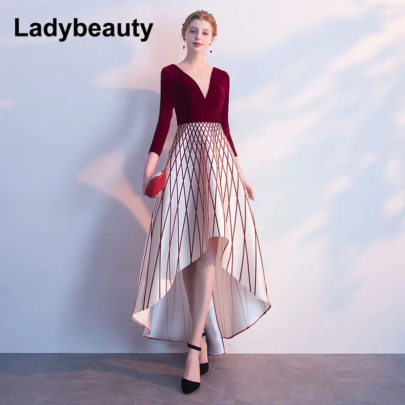 

Ladybeauty 2018 V-Neck Three Quarter Sleeve Asymmetrical Elegant Luxury Evening Dresses Famous Designer Party Formal Dress