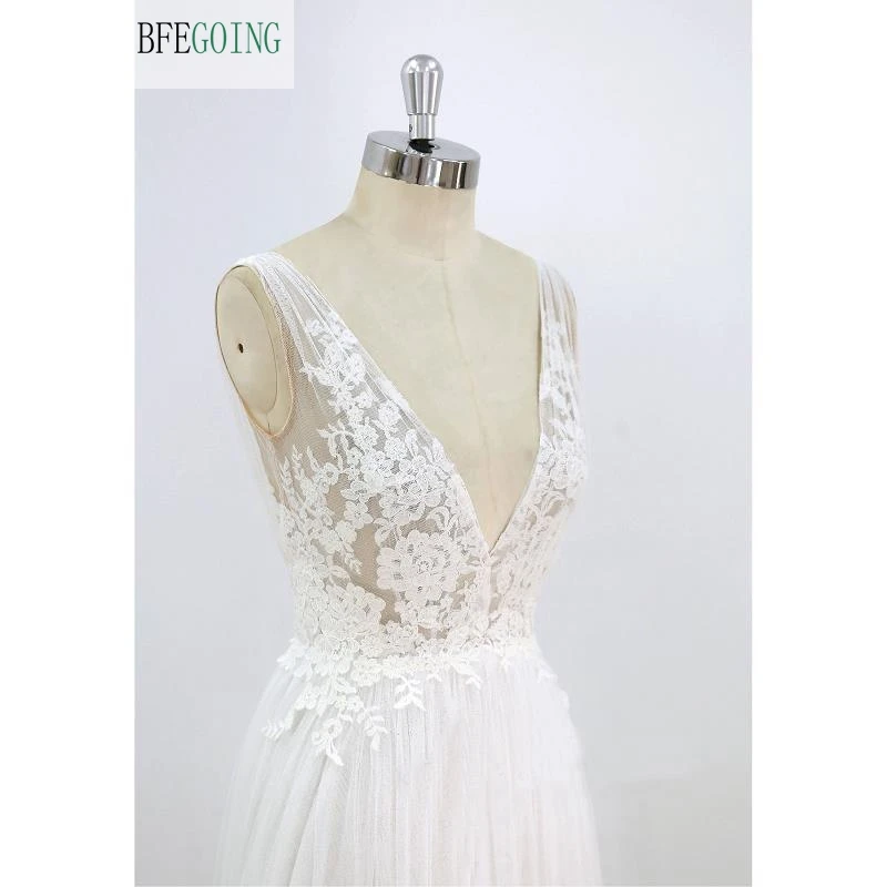 Appliques di pizzo di Tulle bianco scollo a v lunghezza del pavimento abiti da sposa a trapezio Sweep /Brush Train abito da sposa su misura