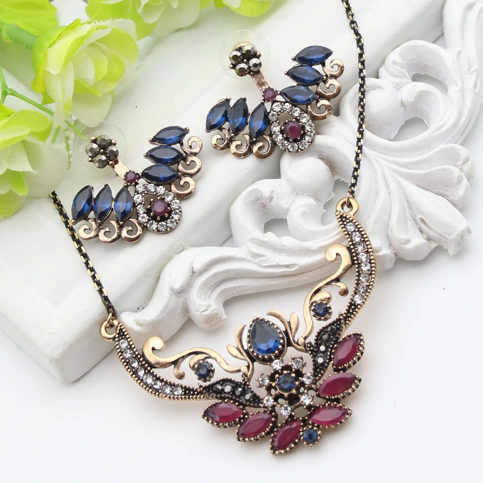 New Style Turkish Wing Jewelry Sets For Women Retro Gold Color Resin Adjustable Earrings Flower Necklace India Ethnic Bijoux