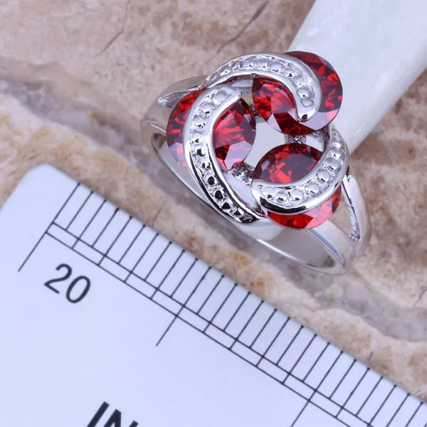 Valuable Red Garnet Silver Plated Jewelry Sets Earrings Pendant Ring Size 5 / 6 / 7 / 8 / 9 / 10 S0124