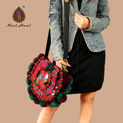 Naxi Brand Female bag Winter fashion Circular pompon Canvas bag Vintage embroidery Ethnic bag women shoulder Crossbody Bags