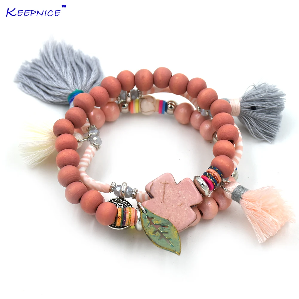 New Bohemia Boho Chic beaded bracelet tassel charms bracelet multi layers colorful beaded chain leaf charm Bracelets for women