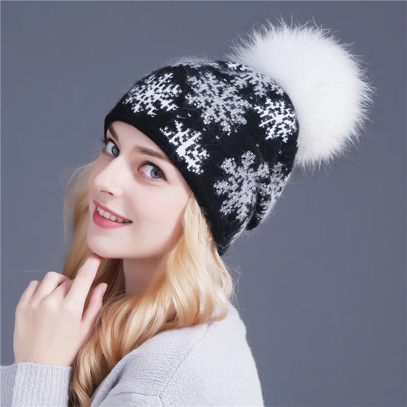 Xthree Real Mink Pom Poms Wool Rabbit Fur Knitted Hat Skullies Winter Hat for Women Girls Hat Beanies Christmas snow Hat