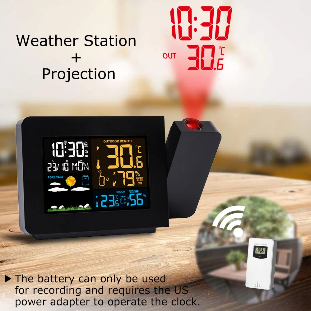 FJ3391 WWVB Radio Digital Clock Alarm US Pulg Barometer Forecast  Wireless Projection Multifunctional LED Table Watch Clocks