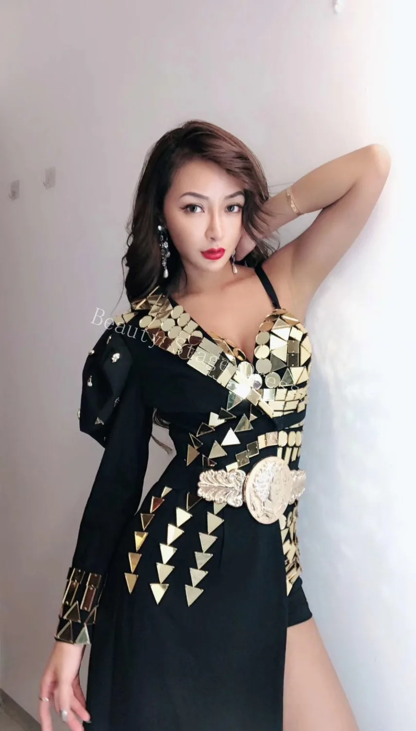 New Design Golden Mirror Black Playsuits Long Windbreaker One Shoulder Jacket Singer Hosting Master of Ceremony DJ Stage Costume