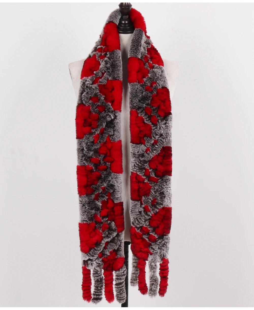 Neue Damen-Schals aus 100% natürlichem Rex-Kaninchenfell, langer Stil, gestrickte Rex-Kaninchenfell-Quastenschals, warme Echtfell-Schals für den Winter. – Detail 28