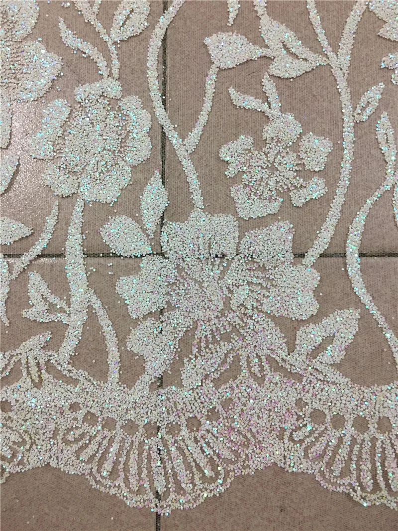 

Cream white color nice flowers 5yards glued glitter tulle african lace fabric for sawing wedding bridal dress H-1810155