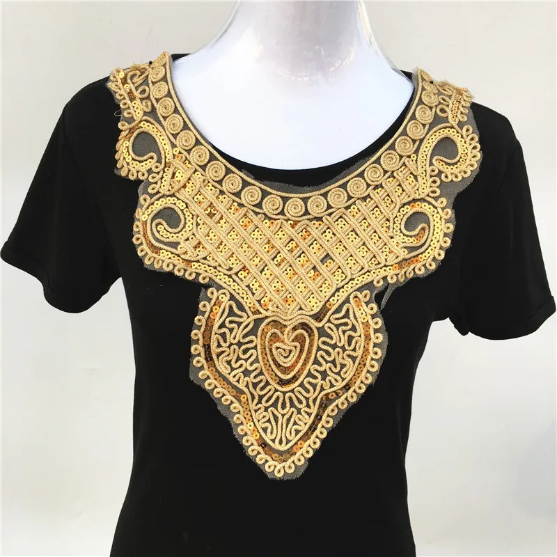 1pcs Craft Gold Neckline collar Venise Sequin Floral Embroidered Applique Trim Decorated Lace Neckline Collar Sewing Accessories