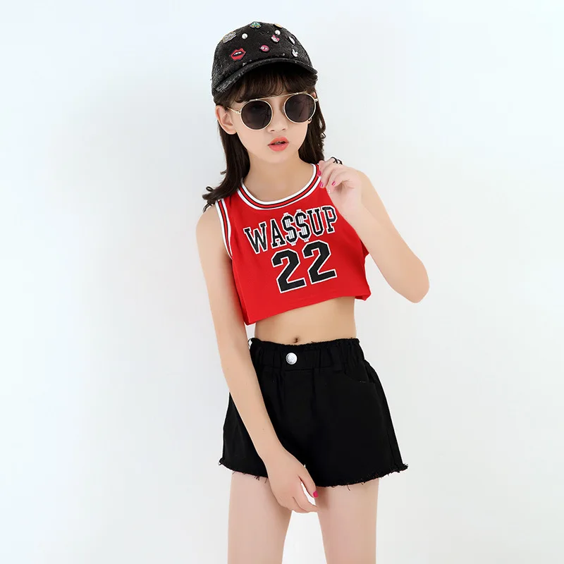 Kids Modern Hip Hop Jazz Dance Costumes for Girls Crop Top Ballroom Dancing Clothes Party Show Stage Costume Casual Shorts