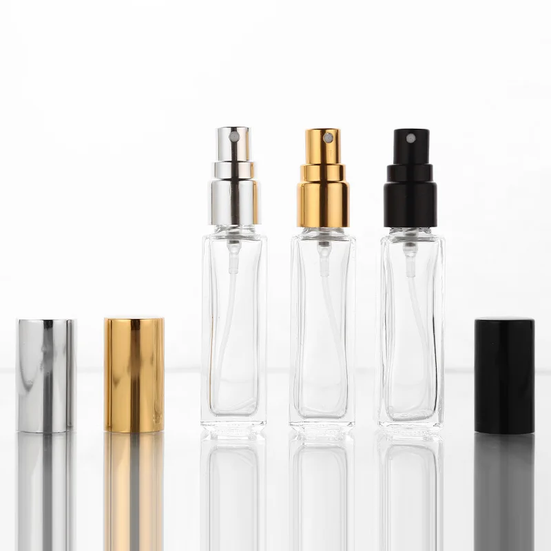 10pcs/lot 10ml Transparent Thin Glass Spray Bottle Sample Glass Vials Portable Mini Perfume Atomizer Gold Silver black Cap