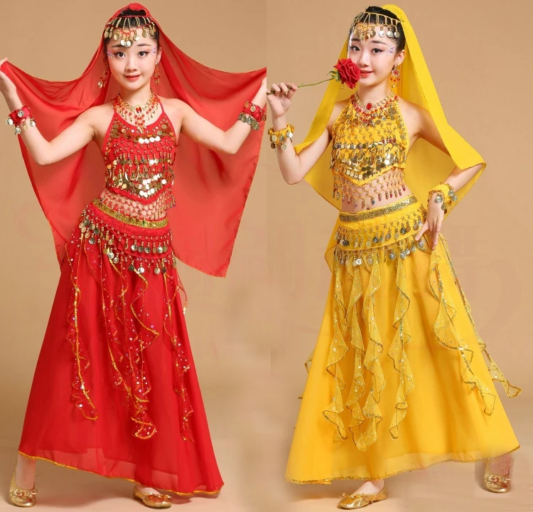 5 pçs criança conjunto de dança do ventre menina trajes de dança do ventre crianças dança do ventre meninas bollywood indiano desempenho dança wear roupas