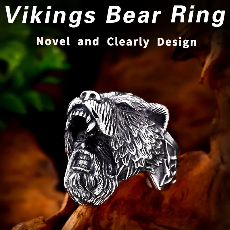 BEIER new store 316 Stainless Steel Unique Viking Bear Head Animal Ring Punk Men\'s Ring Fashion Jewelry LLBR8-648R