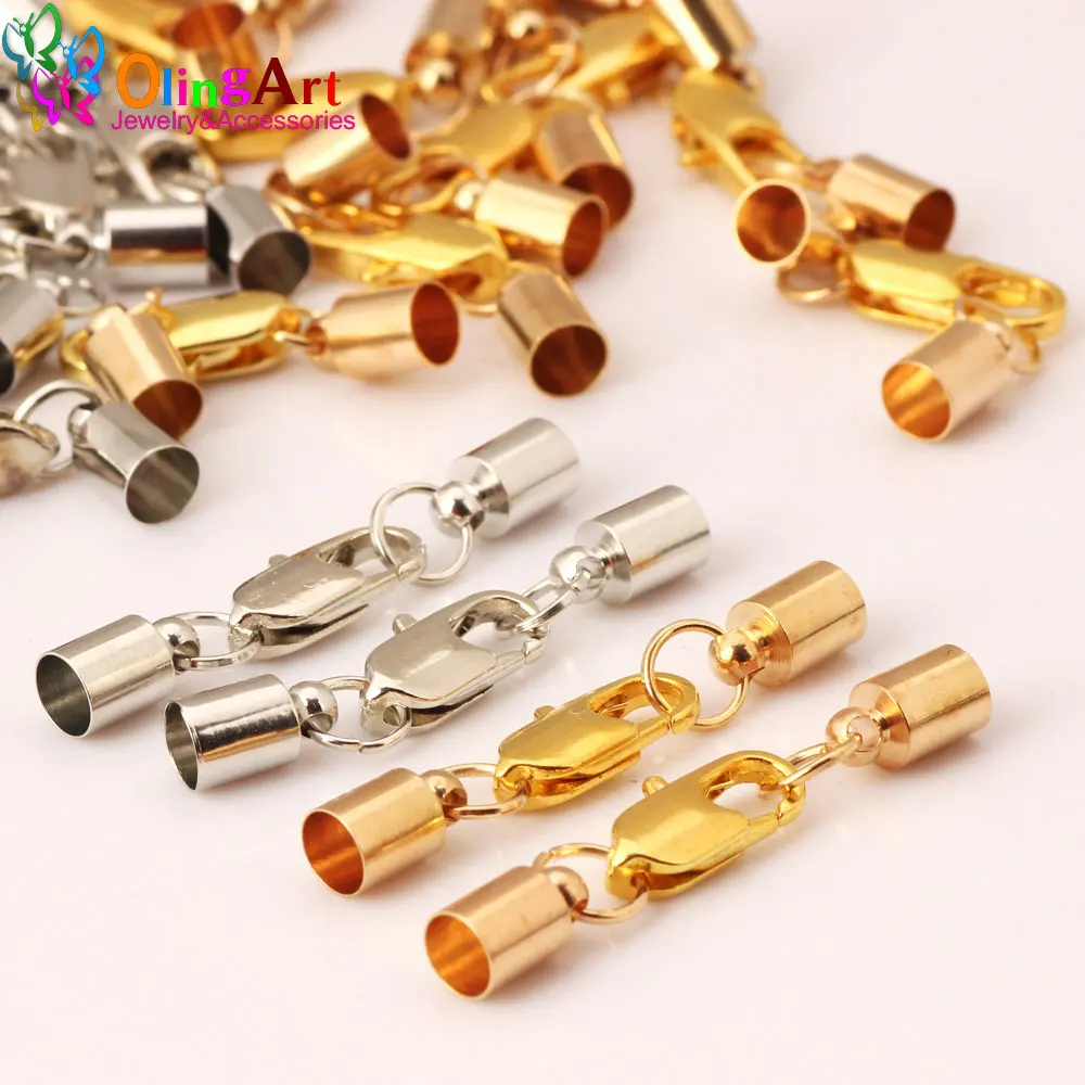 

OlingArt 35mm 12pcs/lot plating KC gold/ Rhodium round leather cord crimps end clasp terminating Fastener DIY jewelry making