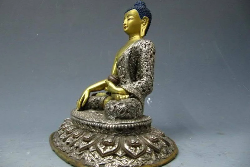 9 Tibet Fane Pure Copper Bronze Gild Silver Sakyamunil Tathagata Buddha Statue