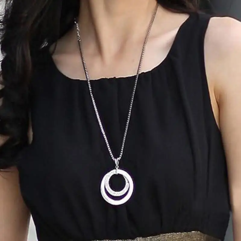 1Pc Womens Fashion Rhinestone Double Circle Long Chain Pendant Necklace Gifts