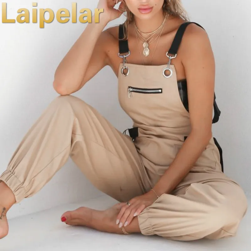 Laipelar Khaki Rompers Womens Jumpsuit Long Elegant Zipper Pockets Sleevlesee Adjusted Strap High Waist Cotton Fashion Summer