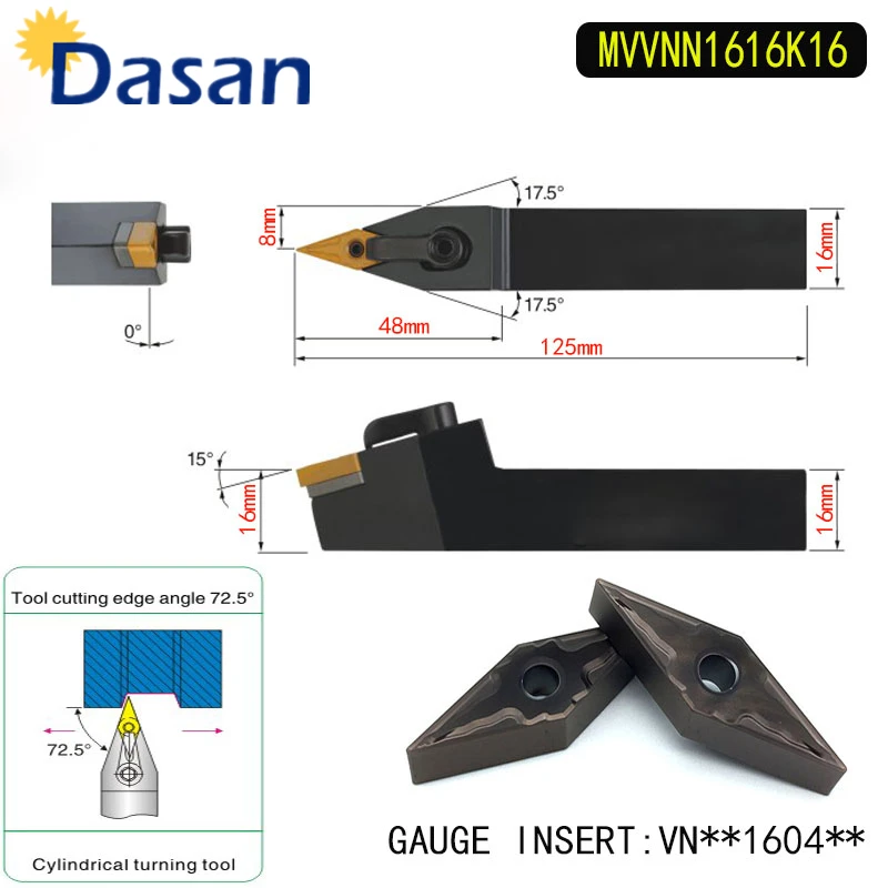 MVVNN1616K16 CNC HSS Turning Tool External Turning Tool Holder with Torx Wrench for Carbide Turning Insert VNMG160404 VNMG160408