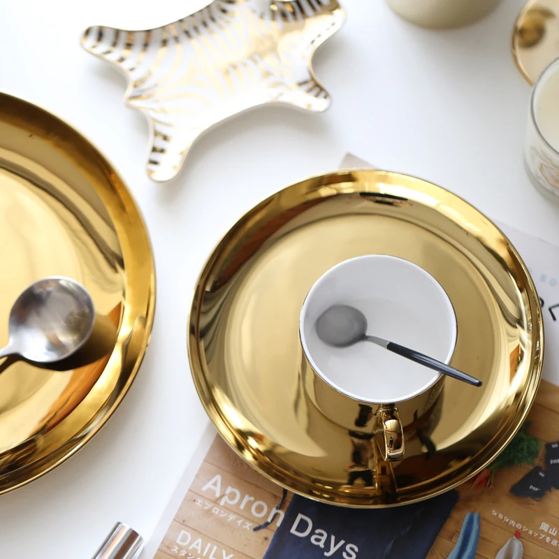 Ceramic Plate And Mug Cutlery Round Dish Golden Plate Vajilla Dinnerware Set Gold Serving Tray Big Fruit Plate Food Tray 20/24cm