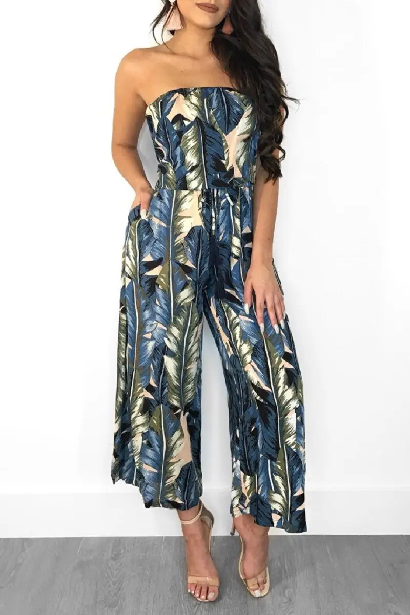 Summer Vacation Boho High Waist Leaf Print Wide Leg Women Jumpsuit Sexy Off Shoulder Long Playsuit Beach Jumpsuit Female Overall