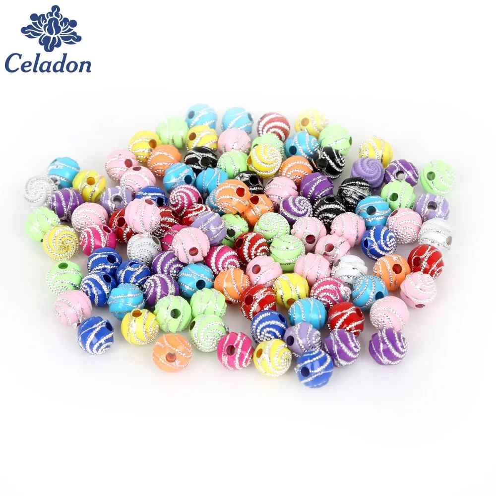 100 pcs/bag 8mm Hole 1.8mm High quality Red/Blue/Pink/Yellow/Black Acrylic Beads For Bracelet Necklace DIY Round Spiral Pattern