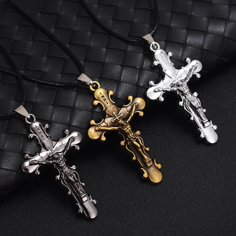 HC Hot Sale Trendy Men Jewelry Jesus Cross Pendant Men Necklace Metal Statement Silvery Brass Gun Black Necklace Dropshipping F