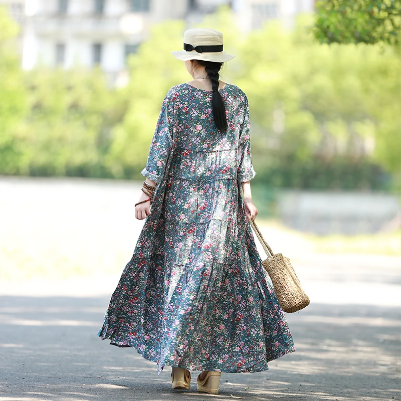 LZJN – Robe de plage à manches longues, style Boho, imprimé Floral, Maxi, en coton, lin, ethnique