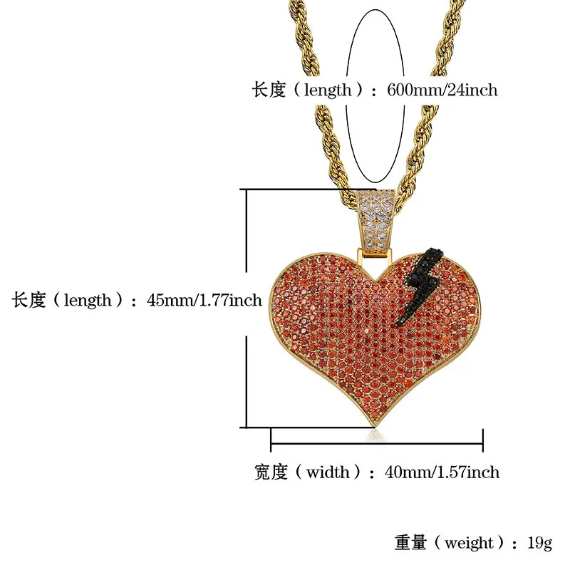Hip Hop Micro Pave Pink AAA Cubic Zirconia Bling Ice Out Lightning Heart Pendants Necklace for Men Rapper Jewelry Drop Shipping