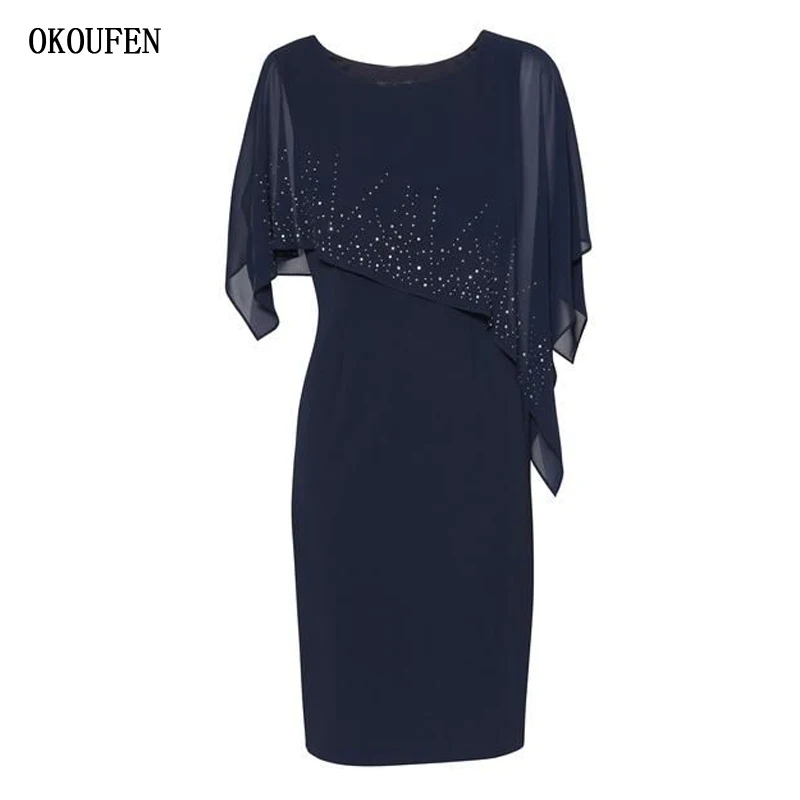 

Mother Of The Bride/Groom Dresses 2023 Navy Blue Beads Tea Length Capelet Sheath kurti marraine vestidos de madrinha farsali