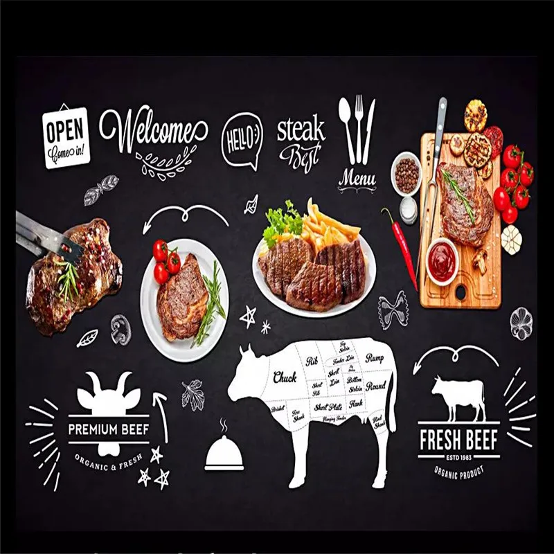 

Black hand-painted Western restaurant steak background professional production mural photo wallpaper size can be customized