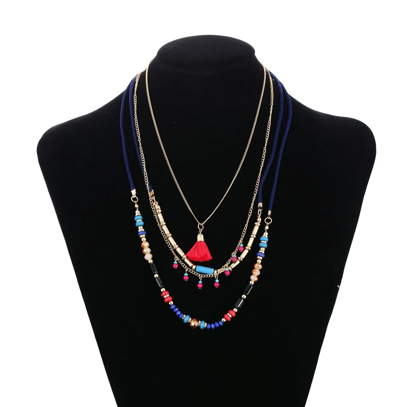 Bohemian Multi Color Layers Necklaces Colorful Beads Tassel Maxi Long Ethnic Chain Jewelry Statement Necklace For Women Collar