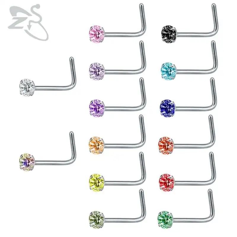 ZS 14PCS/lot 20G 316L Stainless Steel Nose Piercing Men Women Clear CZ Crystal Nose Stud I/L/S Shape Nostril Piercings Jewelry