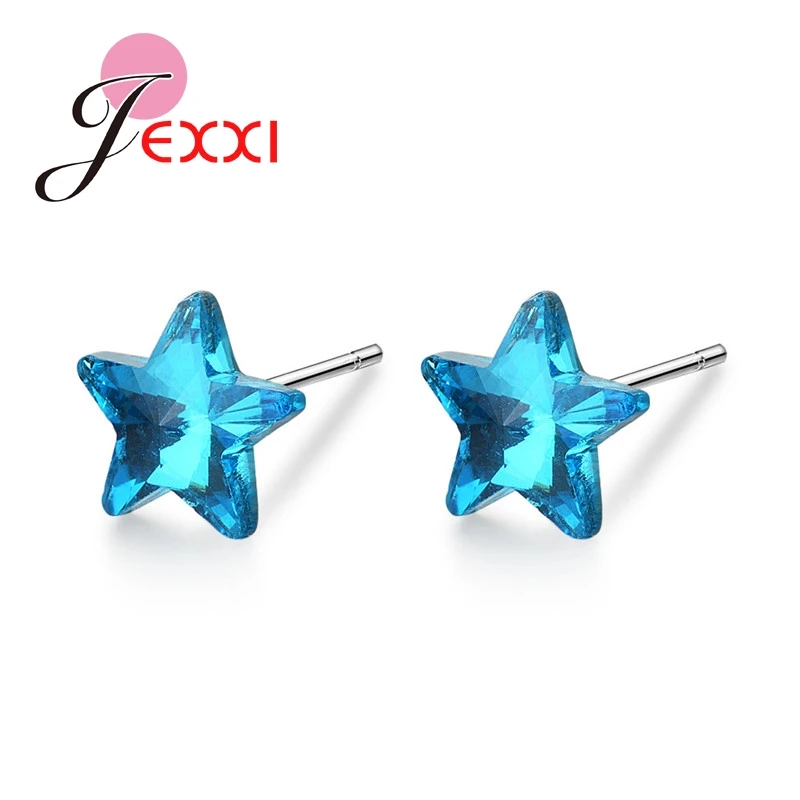 Popular Fashion Bright Shining Inly Blue Water Cube Crystal Girls Stud Earrings 925 Sterling Silver Women Couple Gift Jewelryl